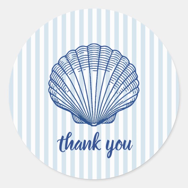 Nautical Blue Seashell Blue Stripe Classic Round Sticker (Front)