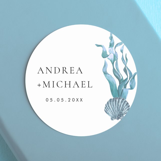 Nautical Blue Seashell Coastal Custom Wedding Classic Round Sticker (Creator Uploaded)