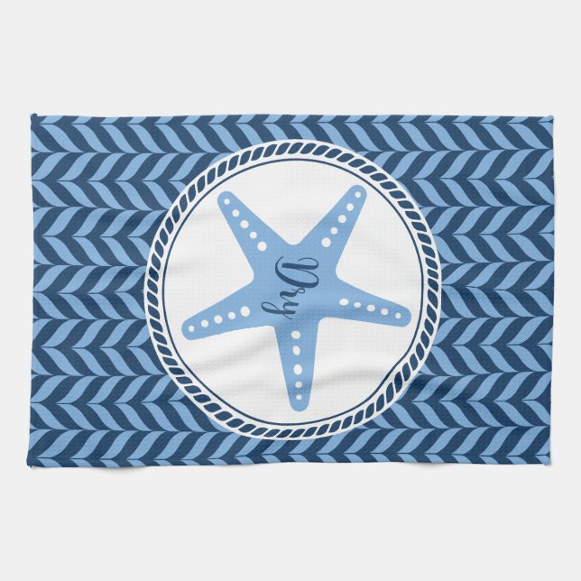 Nautical Blue Starfish coastal  Tea Towel (Horizontal)