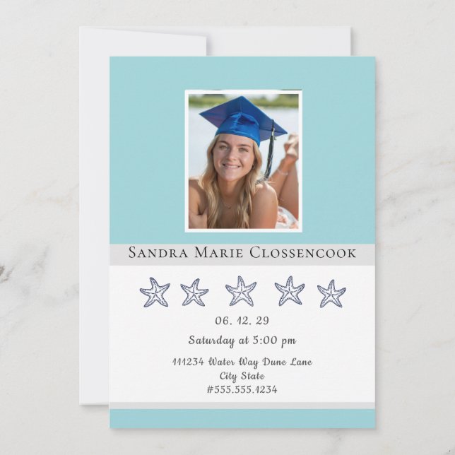 Nautical Blue Starfish graduate congratulation Invitation (Back)