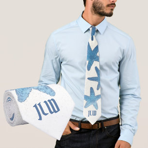 Nautical Blue Starfish on White Tie