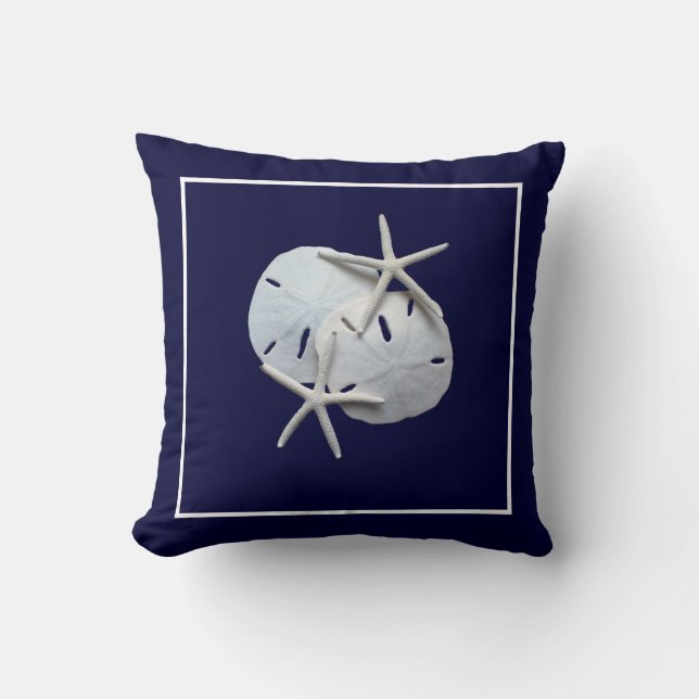 Nautical Blue Starfish Sand Dollar Throw Pillow (Front)