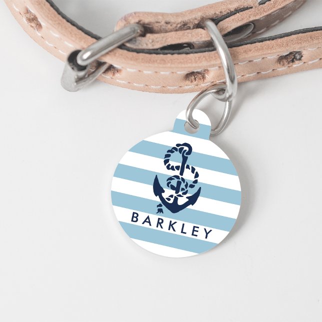 Nautical Blue Stripe Anchor Personalised Pet Tag (Creator Uploaded)