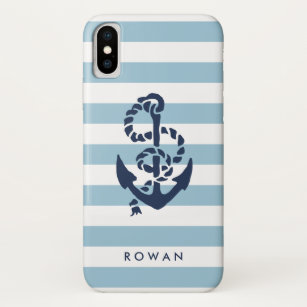 Nautical Blue Stripe & Navy Anchor Personalised iPhone XS Case