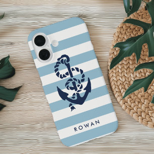 Nautical Blue Stripe & Navy Anchor Personalised iPhone 16 Case