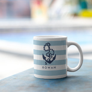 Nautical Blue Stripe & Navy Anchor Personalised Coffee Mug