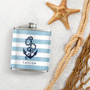 Nautical Blue Stripe & Navy Anchor Personalised Hip Flask