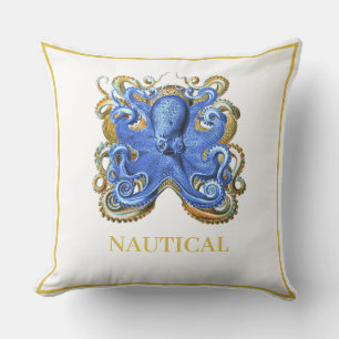 Nautical Blue Stripe Octopus Boat Beach House Cushion