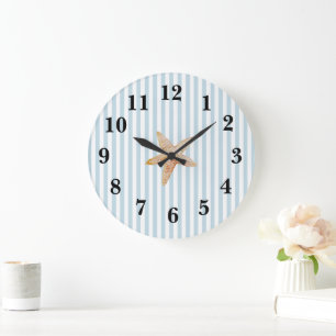 Nautical Blue Stripe Preppy Starfish Large Clock