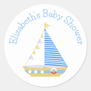 Nautical Blue Stripe Sailboat Baby Shower Classic Round Sticker
