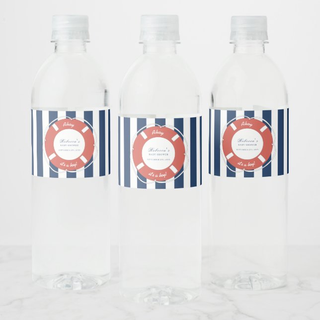 Nautical Blue Striped Baby Shower Boy   Water Bottle Label (Bottles)
