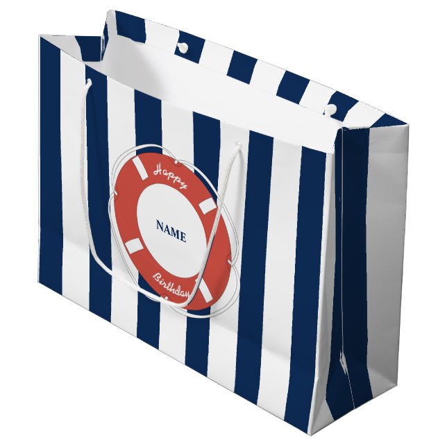 Nautical Blue Striped Custom Name Birthday   Large Gift Bag (Front Angled)