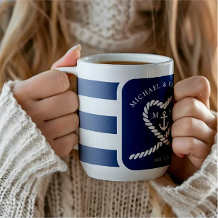 Nautical Blue Striped Heart Anchor Wedding  Coffee Mug