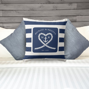 Nautical Blue Striped Heart Anchor Wedding  Cushion