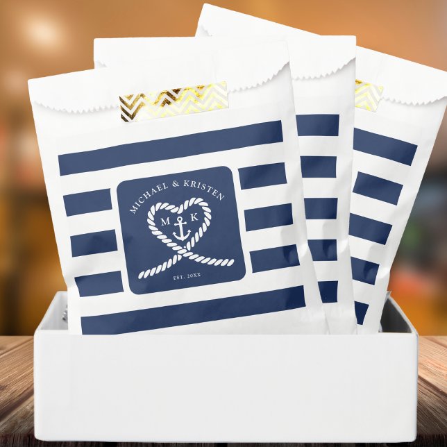 Nautical Blue Striped Heart Anchor Wedding  Favour Bag (Nautical Blue Striped Heart Anchor Wedding Favor Bag)