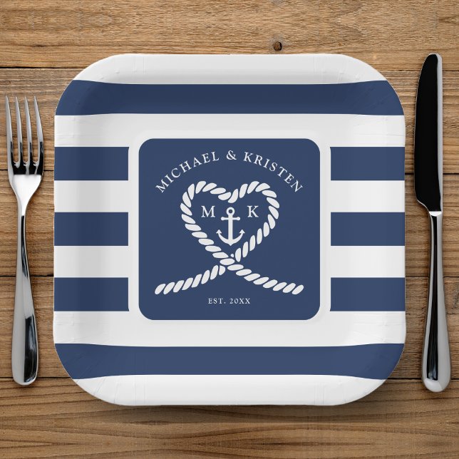 Nautical Blue Striped Heart Anchor Wedding  Paper Plate (Nautical Blue and White Striped Heart Anchor Monogram Wedding Paper Plates)