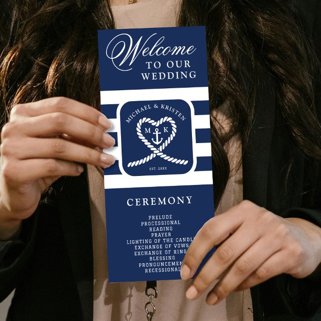 Nautical Blue Striped Heart Anchor Wedding  Program (Nautical Blue Striped Heart Anchor Wedding Program
)