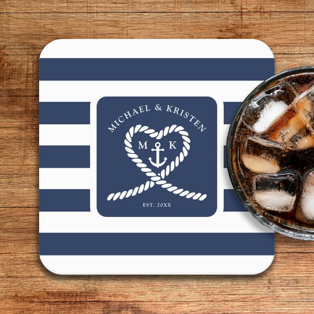 Nautical Blue Striped Heart Anchor Wedding  Square Paper Coaster (Nautical Blue Striped Heart Anchor Wedding Square Paper Coaster
)