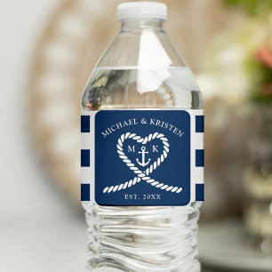 Nautical Blue Striped Heart Anchor Wedding Water Bottle Label