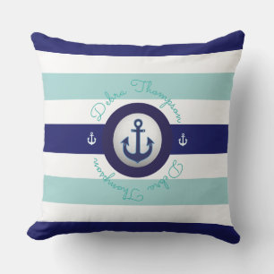 nautical blue striped & personalised outdoor cushion
