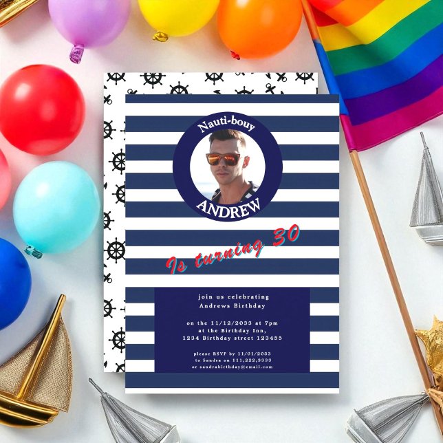Nautical Blue Striped Photo Birthday Invitation (Creator Uploaded)