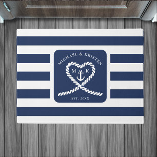 Nautical Blue Striped Rope Heart Anchor Wedding  Doormat