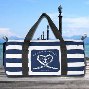 Nautical Blue Striped Rope Heart Anchor Wedding Duffle Bag