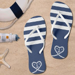 Nautical Blue Striped Rope Heart Anchor Wedding Thongs<br><div class="desc">Nautical blue and white wedding honeymoon flip flops for a wife.  Great for a Navy (military) or lake house wedding.  Design features stripes and a heart shaped rope with anchor and couple initials in the middle.  Personalise it with your wedding details.</div>