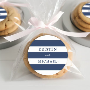 Nautical Blue Striped Wedding Classic Round Sticker