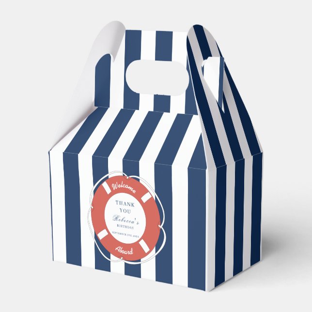 Nautical Blue Striped Welcome Aboard Birthday Favour Box (Front Side)