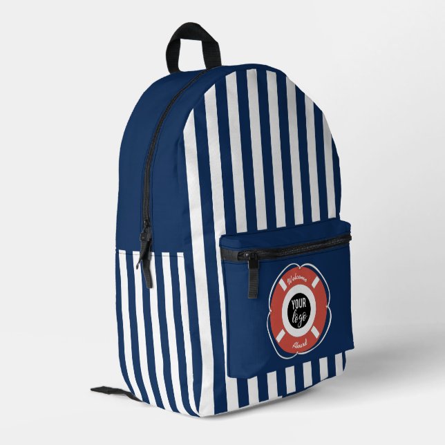 Nautical Blue Striped Welcome Aboard Boat Logo Printed Backpack (Back Corner Left)
