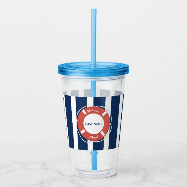 Nautical Blue Striped Welcome Aboard Boat Name  Acrylic Tumbler (Front)