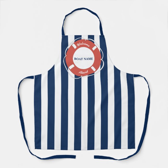 Nautical Blue Striped Welcome Aboard Boat Name  Apron (Front)