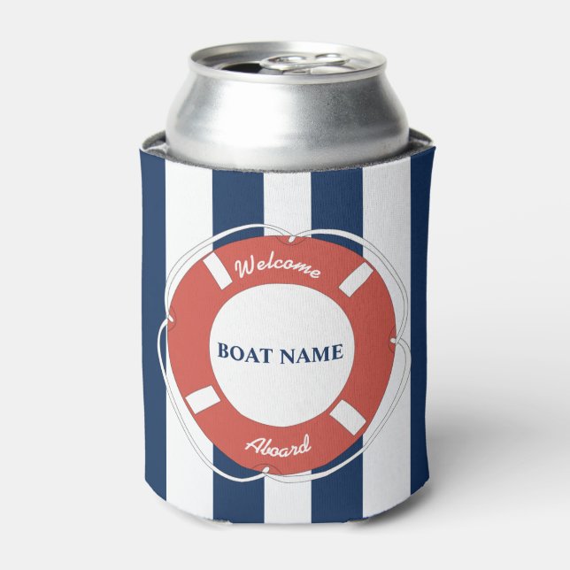 Nautical Blue Striped Welcome Aboard Boat Name Can Cooler (Can Front)