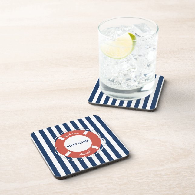 Nautical Blue Striped Welcome Aboard Boat Name Coaster (Right Side)