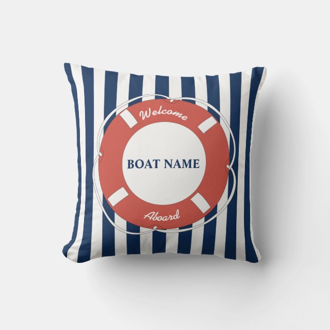 Nautical Blue Striped Welcome Aboard Boat Name Cushion (Front)