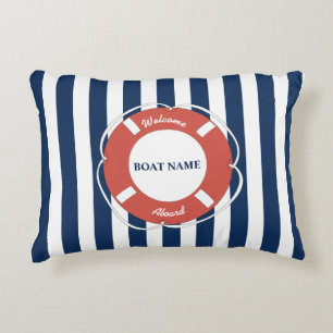 Nautical Blue Striped Welcome Aboard Boat Name Decorative Cushion