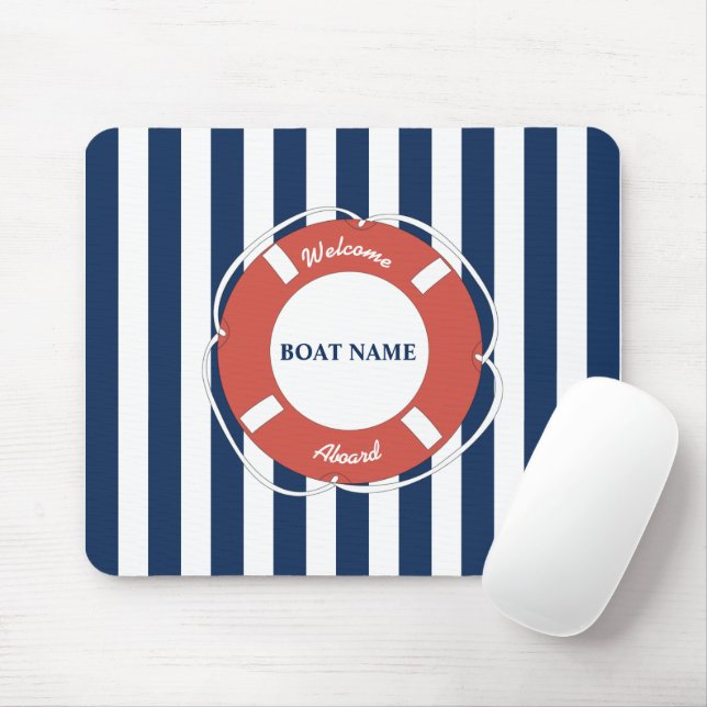 Nautical Blue Striped Welcome Aboard Boat Name Mouse Pad (With Mouse)