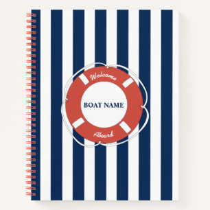 Nautical Blue Striped Welcome Aboard Boat Name Notebook