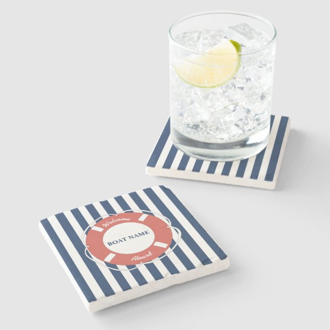 Nautical Blue Striped Welcome Aboard Boat Name Stone Coaster (Side)