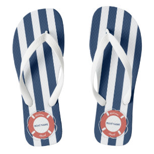 Nautical Blue Striped Welcome Aboard Boat Name Thongs