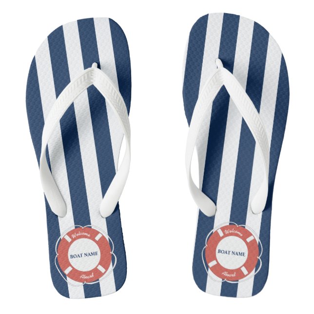 Nautical Blue Striped Welcome Aboard Boat Name Thongs (Footbed)