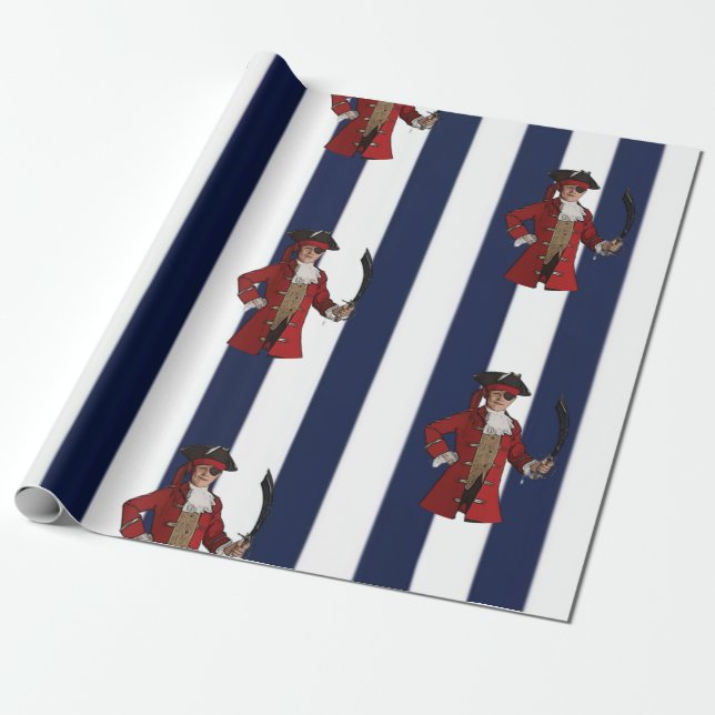 Nautical Blue Stripes Boy Pirate  Wrapping Paper (Unrolled)