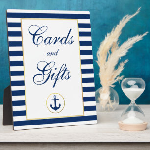 Nautical Blue Stripes Gold Wedding Cards Gifts Plaque