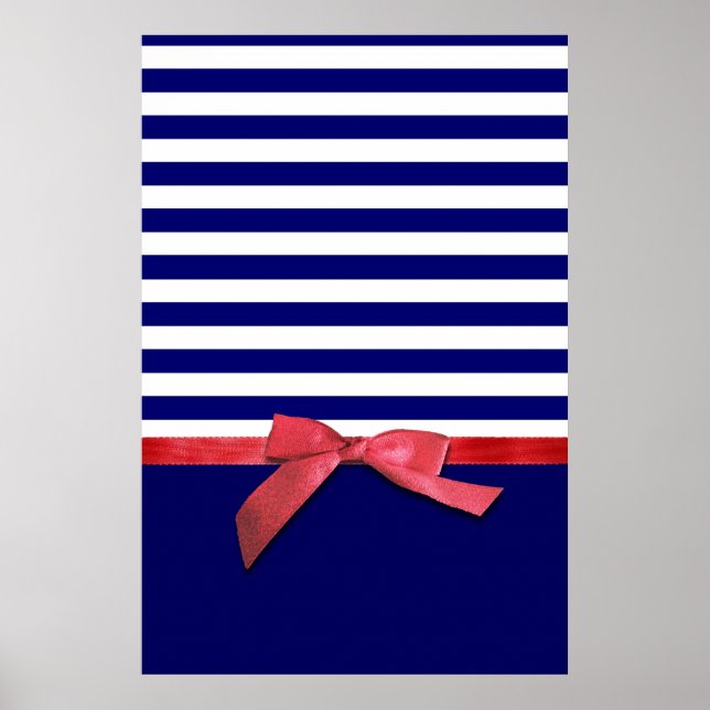 Nautical blue stripes & red ribbon bow graphic poster (Front)