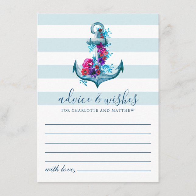 Nautical Blue Stripes Watercolor Anchor Wedding Advice Card (Front)