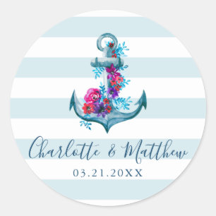 Nautical Blue Stripes Watercolor Anchor Wedding Classic Round Sticker