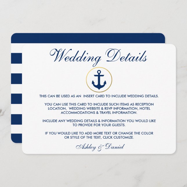 Nautical Blue Stripes Wedding Details Insert Invitation (Front/Back)