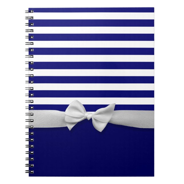 Nautical blue stripes & white ribbon bow graphic notebook (Front)