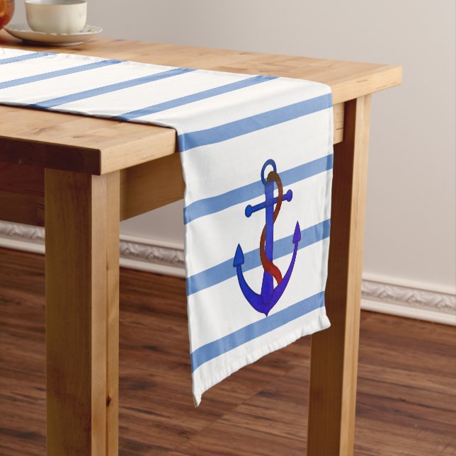 Nautical Blue Stripes with Anchor Table Runner (In Situ)
